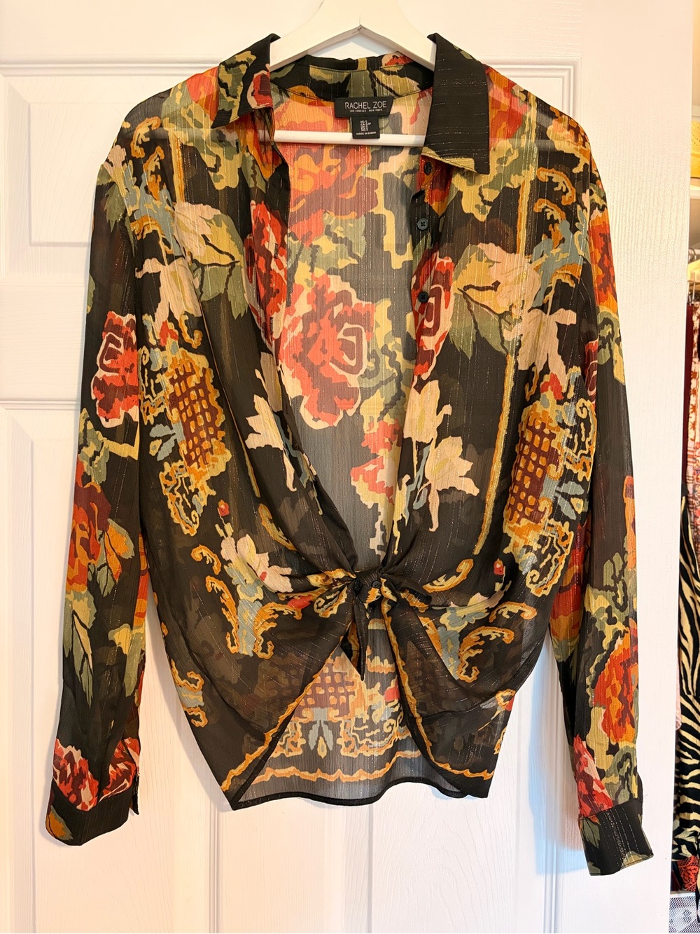 Rachel Zoe Black Sheer Floral Tie-Front Blouse with Red and Gold Accents